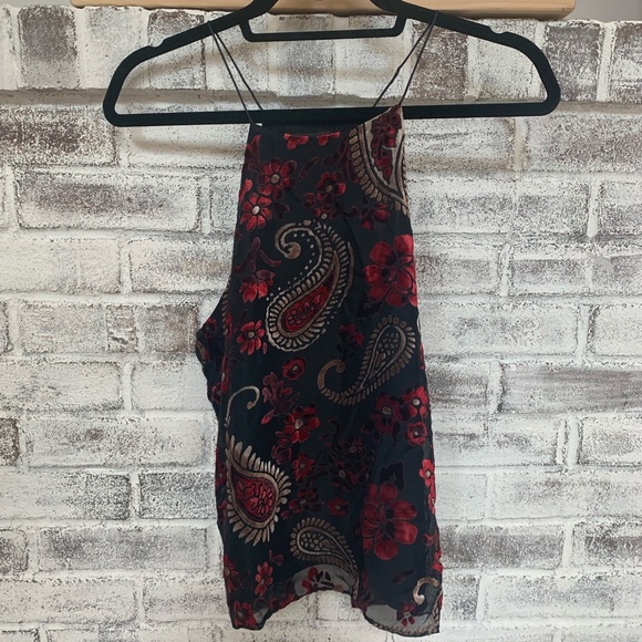 High Neck spaghetti strap velvet paisley top - Picture 1 of 3